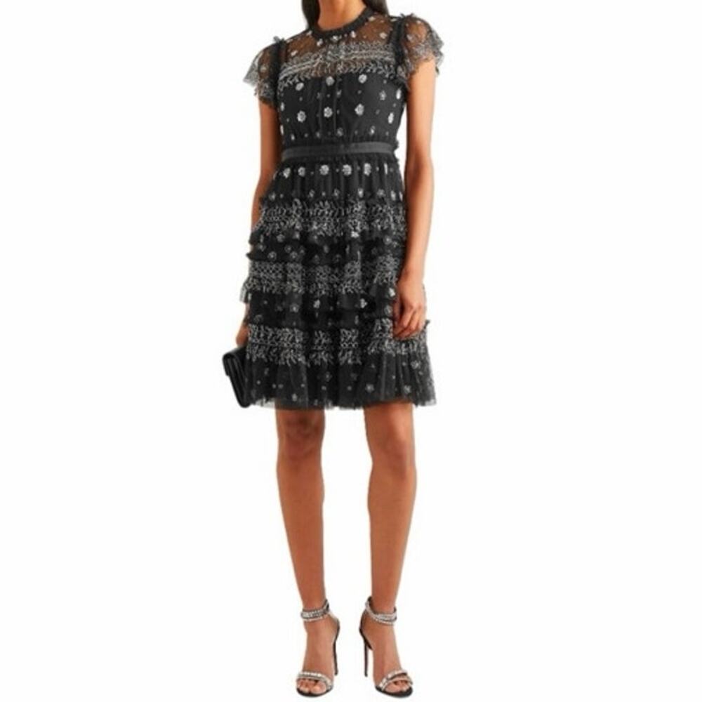 Needle & Thread Black Andromeda Embellished Tulle Mini Dress Black Sz US 8